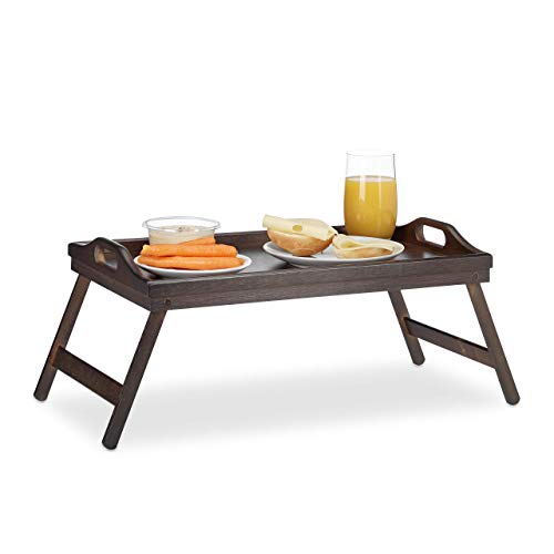 Relaxdays Bandeja Cama con Asas y Patas Plegables, Madera, Marrón Oscuro, 22 x 61,5 x 30 cm