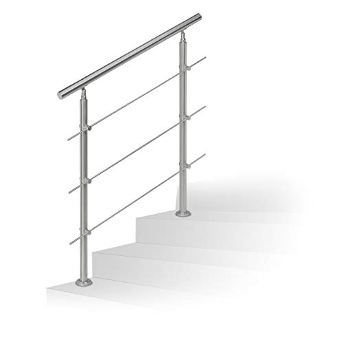 Relaxdays Barandilla Escalera, Pasamanos de 1 m Largo, 2 Postes, 3 Travesaños, 1 Ud, Acero Inoxidable, Plateado