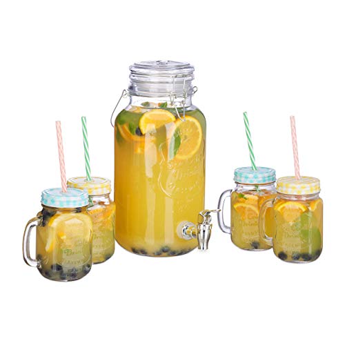 Relaxdays Dispensador de bebida de 4 L, Cuatro vasos, Grifo, Retro, Jarra de zumo con pajitas, Transparente