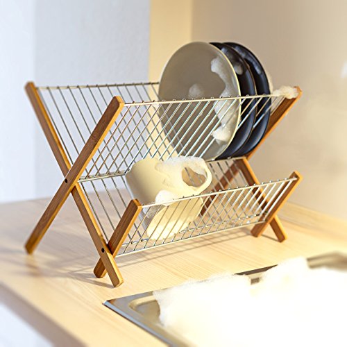 Relaxdays - Escurridor de Platos Plegable, Bambú y Acero Inoxidable, 27 x 38 x 29 cm, 0.8 Kg