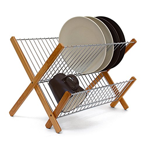 Relaxdays - Escurridor de Platos Plegable, Bambú y Acero Inoxidable, 27 x 38 x 29 cm, 0.8 Kg
