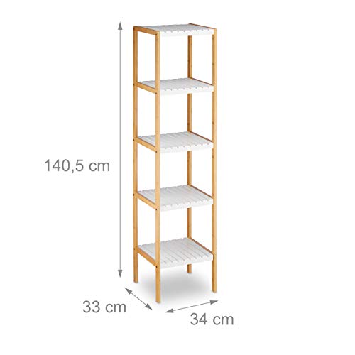 Relaxdays - Estantería de baño de bambú, 5 estantes, Estrecha, para baño y Cocina, 140,5 x 34 x 33 cm, Color Blanco y Natural