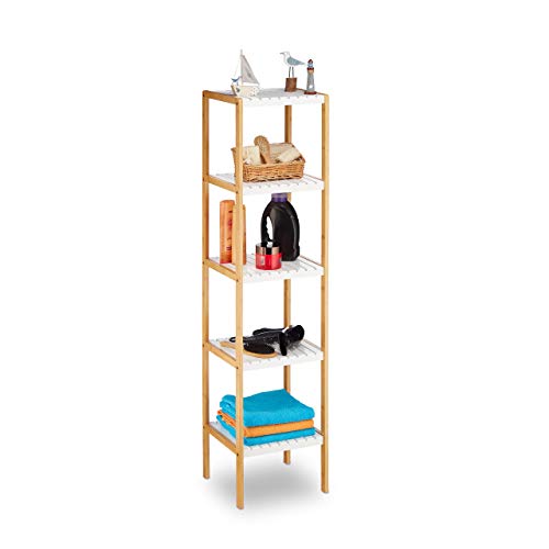 Relaxdays - Estantería de baño de bambú, 5 estantes, Estrecha, para baño y Cocina, 140,5 x 34 x 33 cm, Color Blanco y Natural