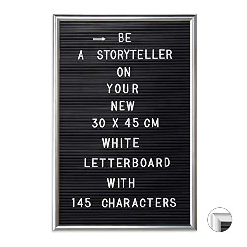 Relaxdays Letter Board con Marco de Madera, Pizarra 145 Letras, Números y Símbolos, 30x45, Plateado, PP, Plata, 44,5 x 29,5 x 1,8 cm