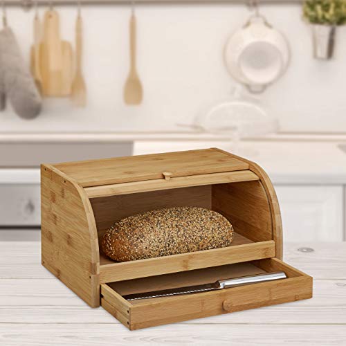 Relaxdays, Marrón, 21 x 40,5 x 28 cm Panera, Bambú, con cajón, Impermeable, Tapa Deslizante, Madera