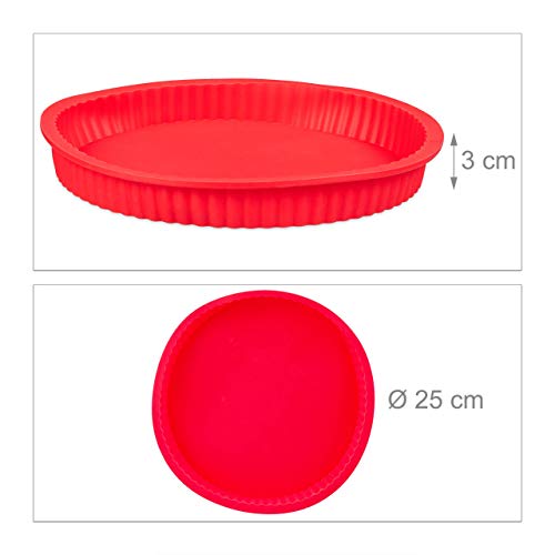 Relaxdays Molde de silicona para horno, Quiche & Tarta, Redondo, Ø 25 cm, Apto para lavavajillas, Rojo