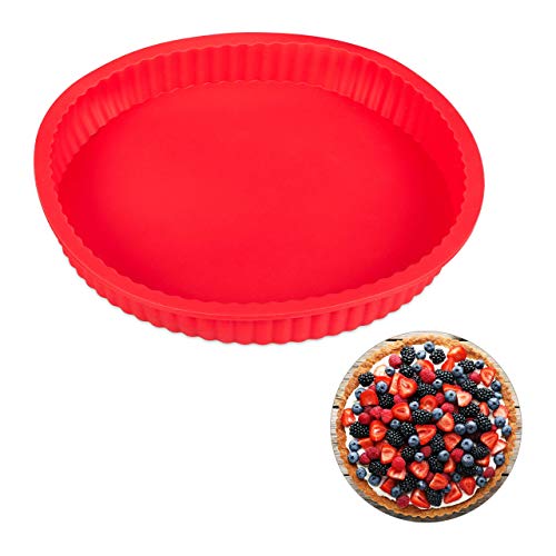 Relaxdays Molde de silicona para horno, Quiche & Tarta, Redondo, Ø 25 cm, Apto para lavavajillas, Rojo