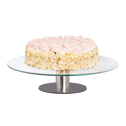 Relaxdays Plato Giratorio para Tartas con Soporte, Acero Inoxidable, Plateado, 31x31x5 cm