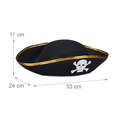 Relaxdays Sombrero Pirata, Gorro Capitán, Accesorio Disfraz Corsario, con Calavera, Poliéster, Talla Única, 1 Ud, Negro, Color, Medium (10020589)