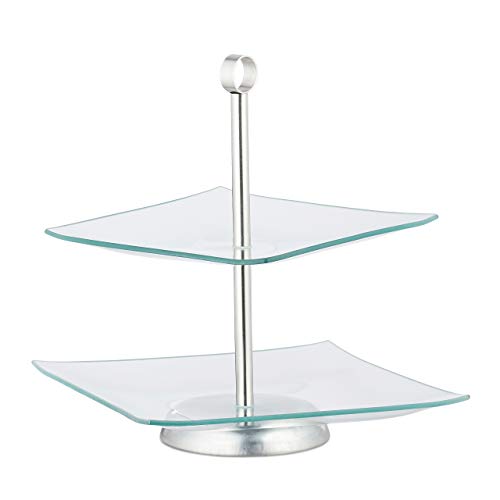 Relaxdays Soporte para Tartas, Cupcakes y Fruta de 2 Pisos, Cristal-Acero, Plateado-Transparente, 28 x 24,5 x 24,5 cm