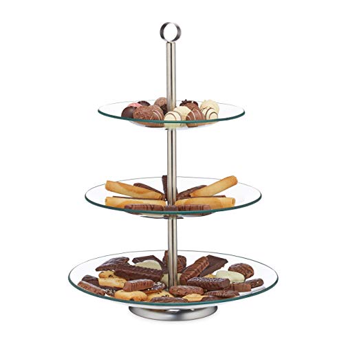 Relaxdays Soporte para Tartas, Cupcakes y Fruta de 3 Pisos, Cristal-Acero, Plateado-Transparente, 40 x 29,5 cm