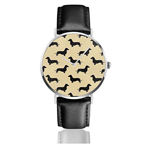 Reloj clásico, de pelo corto, diseño de salchicha, color crema, correa de cuero negro, correa de muñeca