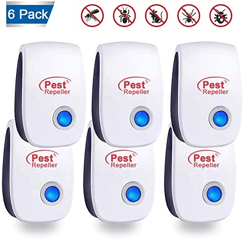 Repelente Ultrasónico, 6 Pack Plagas Control Interiores Repelente Ultrasónico de Plagas, Electrónico Ahuyentador Alta Potencia, Para Interiores Mosquitos, Moscas, Ratones 100% Inofensivo para Humanos