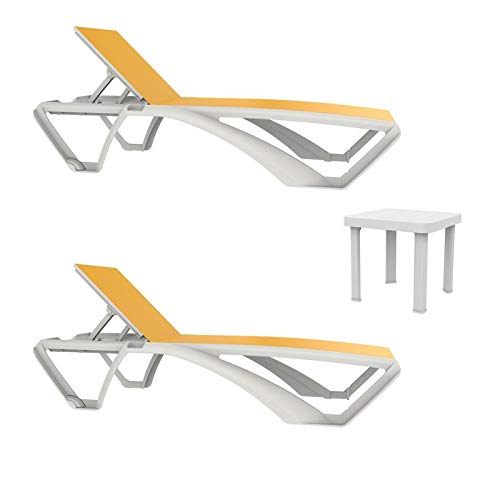 resol set de 2 tumbonas jardín exterior Marina estructura blanca, textilene amarillo y 1 mesa auxiliar Andorra blanca