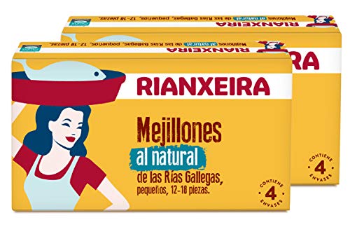 RIANXEIRA. Mejillones al Natural. Mejillones de las Rías Gallegas preparados en agua y sal. D.O.P. Mejillón de Galicia. Presentación 12-18 piezas. Pack de 8 latas x 111g.