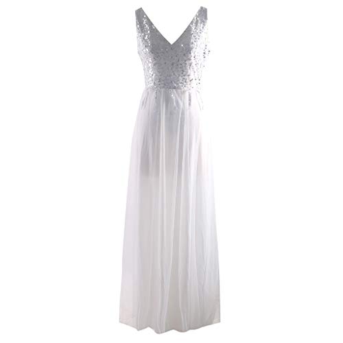 riou Vestido Largo Mujer para Noche y Fiesta Casual Falda Espalada Descubirta Dama de Honor Sexy y Elegante Verano de Novia Sin Manga Lentejuelas con Cuello en V Vestido de Encaje