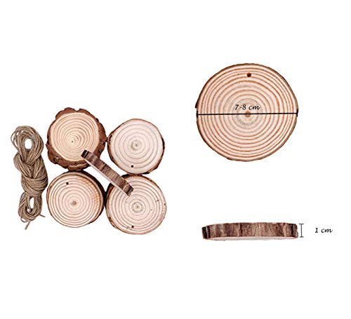 Rodajas de Madera Natural Círculos 7-8 cm 20pcs Discos de Madera Redonda Maderas Naturales Perforado con Corteza de Árbol,11 m Cuerda de Cáñamo