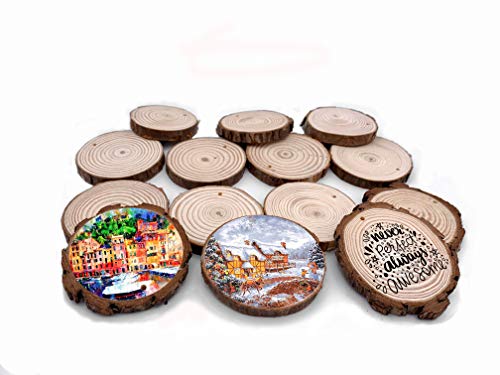 Rodajas de Madera Natural Círculos 7-8 cm 20pcs Discos de Madera Redonda Maderas Naturales Perforado con Corteza de Árbol,11 m Cuerda de Cáñamo