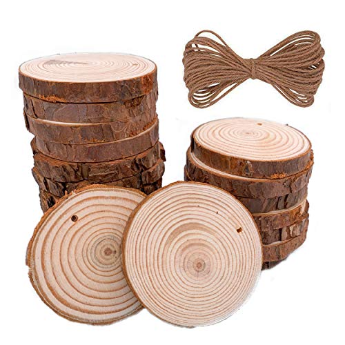 Rodajas de Madera Natural Círculos 7-8 cm 20pcs Discos de Madera Redonda Maderas Naturales Perforado con Corteza de Árbol,11 m Cuerda de Cáñamo