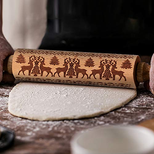 Rodillo Amasar Madera, Navidad Rodillo Galletas, Rodillo de Cocina con Relieve, Rolling Pin Christmas, El Mejor para Fondant, Pastas para Tartas Y Pay, Galletas Y Masa para Pasteles, 35cm