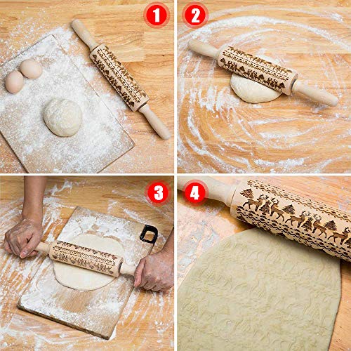 Rodillo Amasar Madera, Navidad Rodillo Galletas, Rodillo de Cocina con Relieve, Rolling Pin Christmas, El Mejor para Fondant, Pastas para Tartas Y Pay, Galletas Y Masa para Pasteles, 35cm
