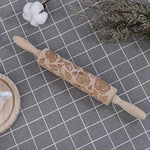 Rodillo de Madera de 3D Patrón de Rosa con Grabado en Relieve Rodillo de Cocina para Fondant de Horno Decoración de Repostería Herramienta de Repostería 35CM