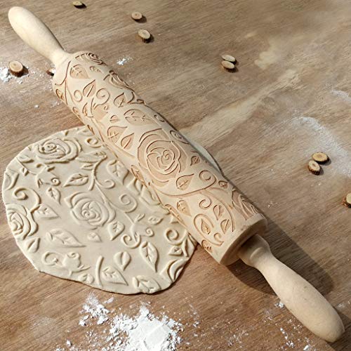 Rodillo de Madera de 3D Patrón de Rosa con Grabado en Relieve Rodillo de Cocina para Fondant de Horno Decoración de Repostería Herramienta de Repostería 35CM
