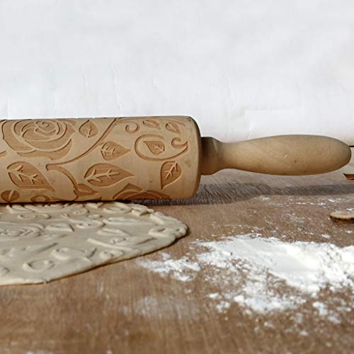Rodillo de Madera de 3D Patrón de Rosa con Grabado en Relieve Rodillo de Cocina para Fondant de Horno Decoración de Repostería Herramienta de Repostería 35CM