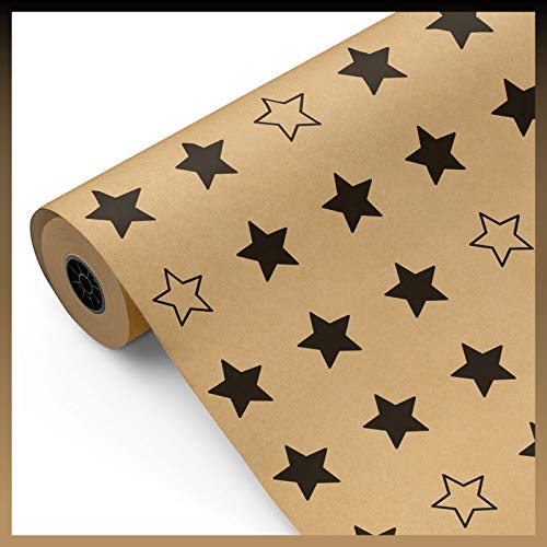 Rollo papel de regalo KRAFT Estrellas negras, 1ª calidad • Bobina grande 62cm x 100m • Ideal para: Tiendas Negocios Comercios Envolver regalos Cumpleaños Baby Shower Bodas Decoración [FP Fiesta Paper]