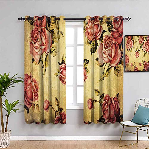 Rosas Decoraciones Blackout Cortina Liner Antiguo Estilo Victoriano Patrón Rosa con Dramático Color Boho Art Design Fácil de limpiar Mostaza y Rosa Ligth W52 x L63 pulgadas