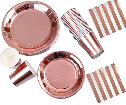 Rose Gold Party Decorations Decoraciones de Fiesta en Oro Rosa Juego de Fiesta de 81 Piezas Papel de Aluminio Platos Copas Servilletas con lápices de Colores Surtidos Gratis: para 16 Invitados