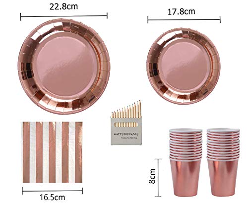Rose Gold Party Decorations Decoraciones de Fiesta en Oro Rosa Juego de Fiesta de 81 Piezas Papel de Aluminio Platos Copas Servilletas con lápices de Colores Surtidos Gratis: para 16 Invitados
