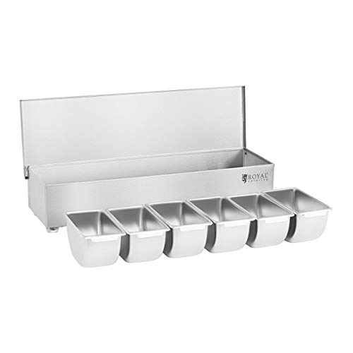 Royal Catering Caja Para Condimentos Condimento Dispensador RCCBS 5 (Acero inoxidable, 6 envases, Capacidad por envase: 450 ml, Cubierta de acero inoxidable, 45,2 x 15 x 8,8 cm)