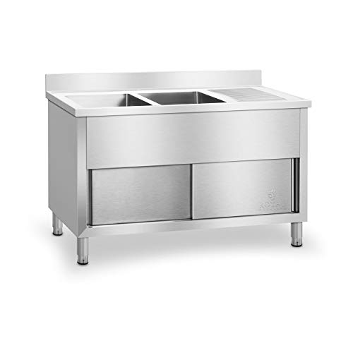 Royal Catering RCHS-1400WS Fregadero Cocina Industrial Dos Senos con Armario (Acero Inoxidable, 80x139,8x94,5 cm, Senos de 40x40x26 cm, Superficie de Almacenamiento)