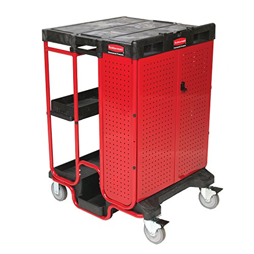 Rubbermaid Commercial Products Commercial - Carro de servicio con armario (3 bandejas, acero, con plataforma para escalera), color negro