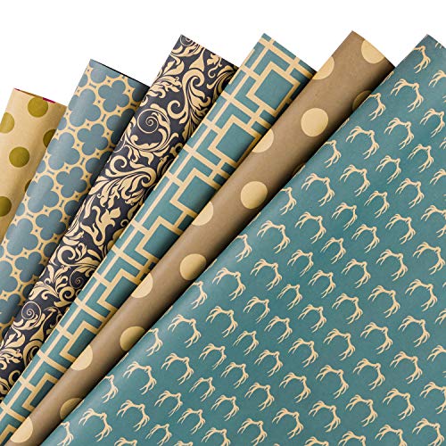 RUSPEPA Hoja De Envoltura De Regalo - Papel Kraft De Diseño Geométrico Azul Marino - 6 Hojas Embaladas En 1 Rollo - 44,5 X 76 cm Por Hoja