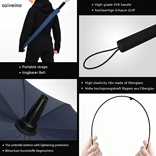 Saiveina Paraguas Caballero Grande Clásico antiviento, 16 Varillas, Teflón T190, mango de espuma, muy fuerte-Azul oscuro
