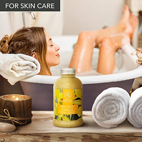 Sal de Baño Vainilla 600g - Sal Marina con Aceite de Vainilla y Canela para Dormir - Reducción de Estrés - Belleza - Baños- Cuidado Corporal