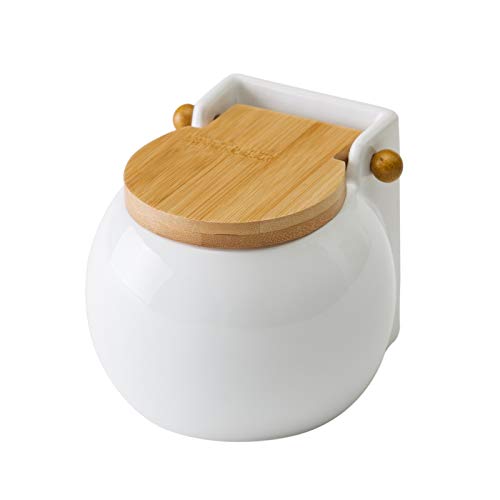 Salero cuadrado de cerámica con tapa de bambú 13 x 12 x 11 cm (Blanco)