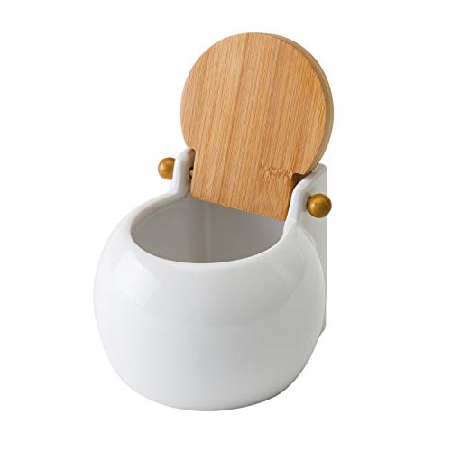 Salero cuadrado de cerámica con tapa de bambú 13 x 12 x 11 cm (Blanco)