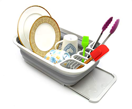 SAMMART - Escurridor plegable con escurridor, juego de tendedero plegable, organizador de vajilla portátil, ahorro de espacio (gris)