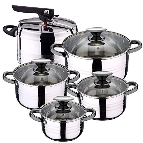San Ignacio - Batería de cocina 4 cacerolas 4 tapas de vidrio 1 Olla exprés 5 litros, Acero inoxidable, inducción