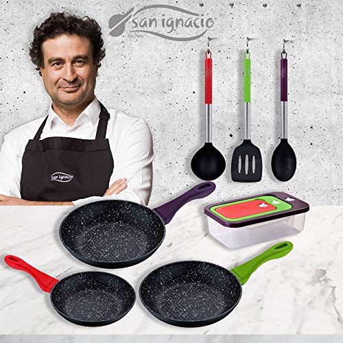 San Ignacio Jolie - Set de 3 Sartenes 3 Herméticos + Set Utensilios de Cocina , Aluminio Forjado, Inducción 22/24/28 cm