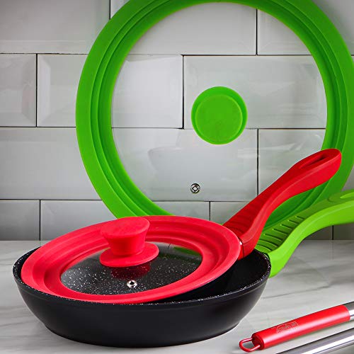 San Ignacio Juego de 3 sartenes 16/20/24 cm, rojo, y tapa universal en rojo, aluminio prensado, inducción