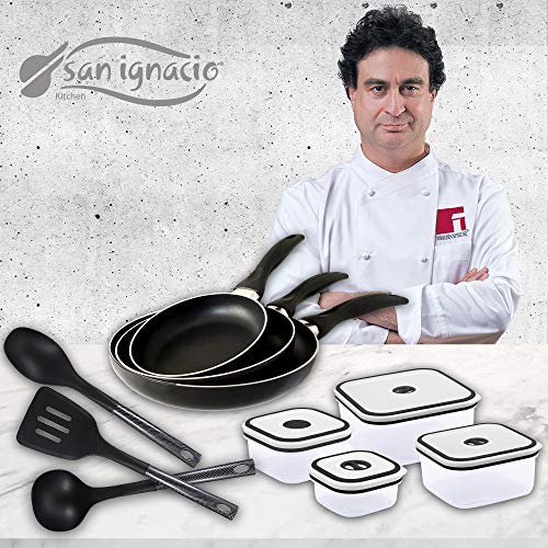 San Ignacio Navy Black Set de 3 sartenes + 4 recipientes herméticos + 3 Utensilios de Cocina, Aluminio Prensado, Negro