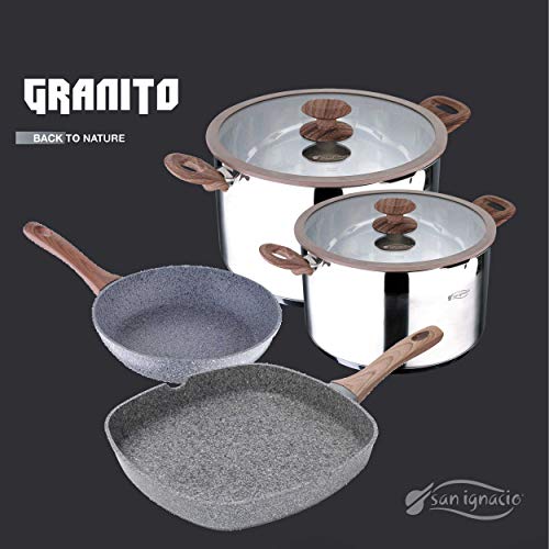 San Ignacio PK1372 Set 3 sartenes Profesionales- Granito: Ø20 Ø24 Ø26 + 4 recipientes herméticos, Aluminio Forjado, Pack Travel II