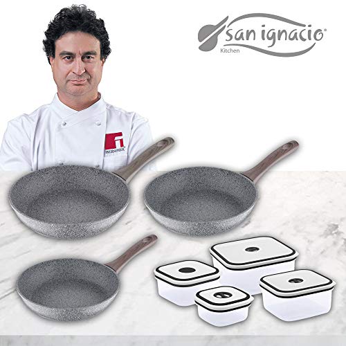 San Ignacio PK1372 Set 3 sartenes Profesionales- Granito: Ø20 Ø24 Ø26 + 4 recipientes herméticos, Aluminio Forjado, Pack Travel II
