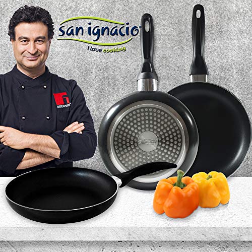 San Ignacio PK2351 Batería 8 piezas Porto, 5 Utensilios de cocina y Set 3 sartenes, diámetro 16/ 20/ 24 cm, negro, aluminio prensado, antiadherente, inducción