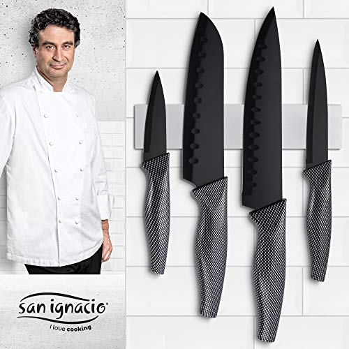 San Ignacio Premium Set de Bateria 8 Piezas + 4 Cuchillos 3 Utensilios de Cocina, Gris y Negro