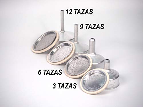 Sanfor Repuesto Cafetera Italiana 12 Tazas | Recambio Embudo + Filtro + Junta | Aluminio Caucho | Diámetro 82 mm
